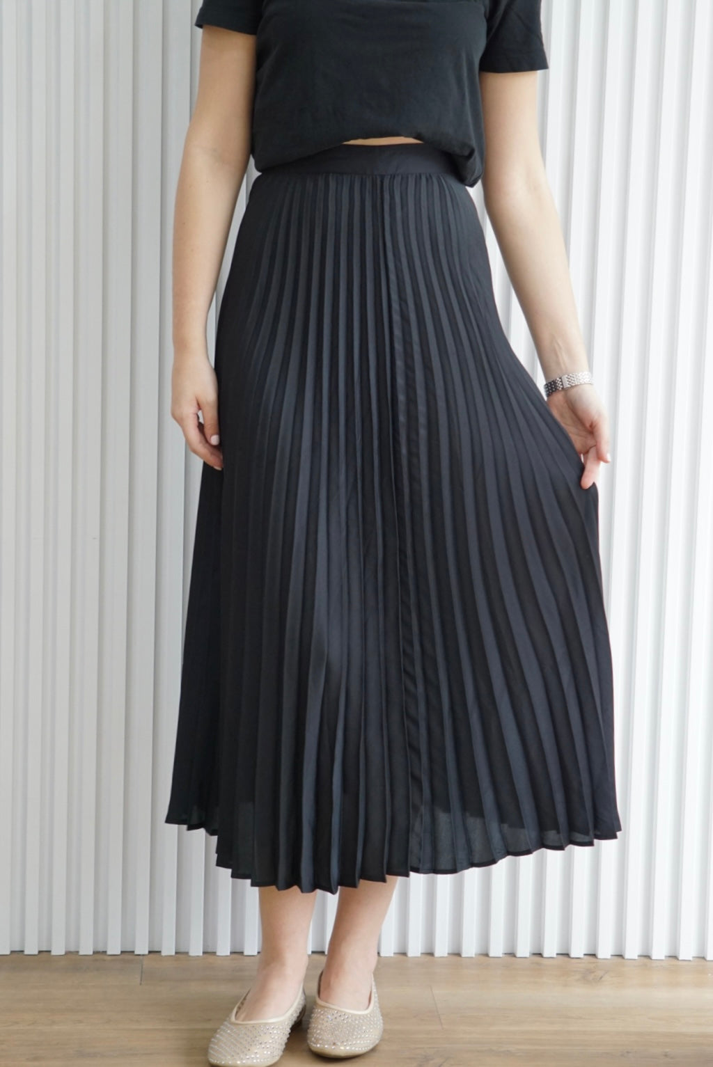 Satin Pleated Midi Skirt