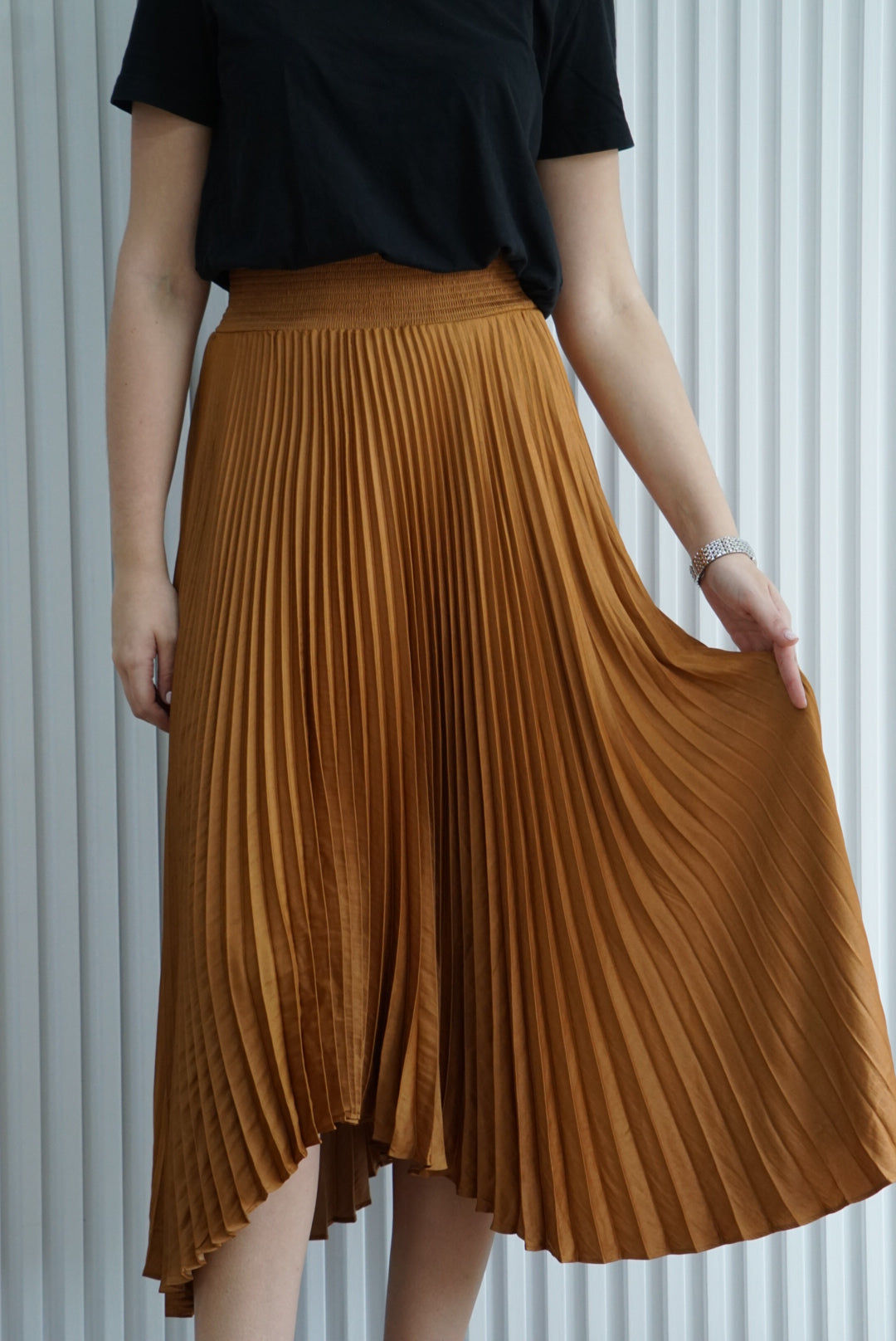 Pleated Satin Midi Skirt