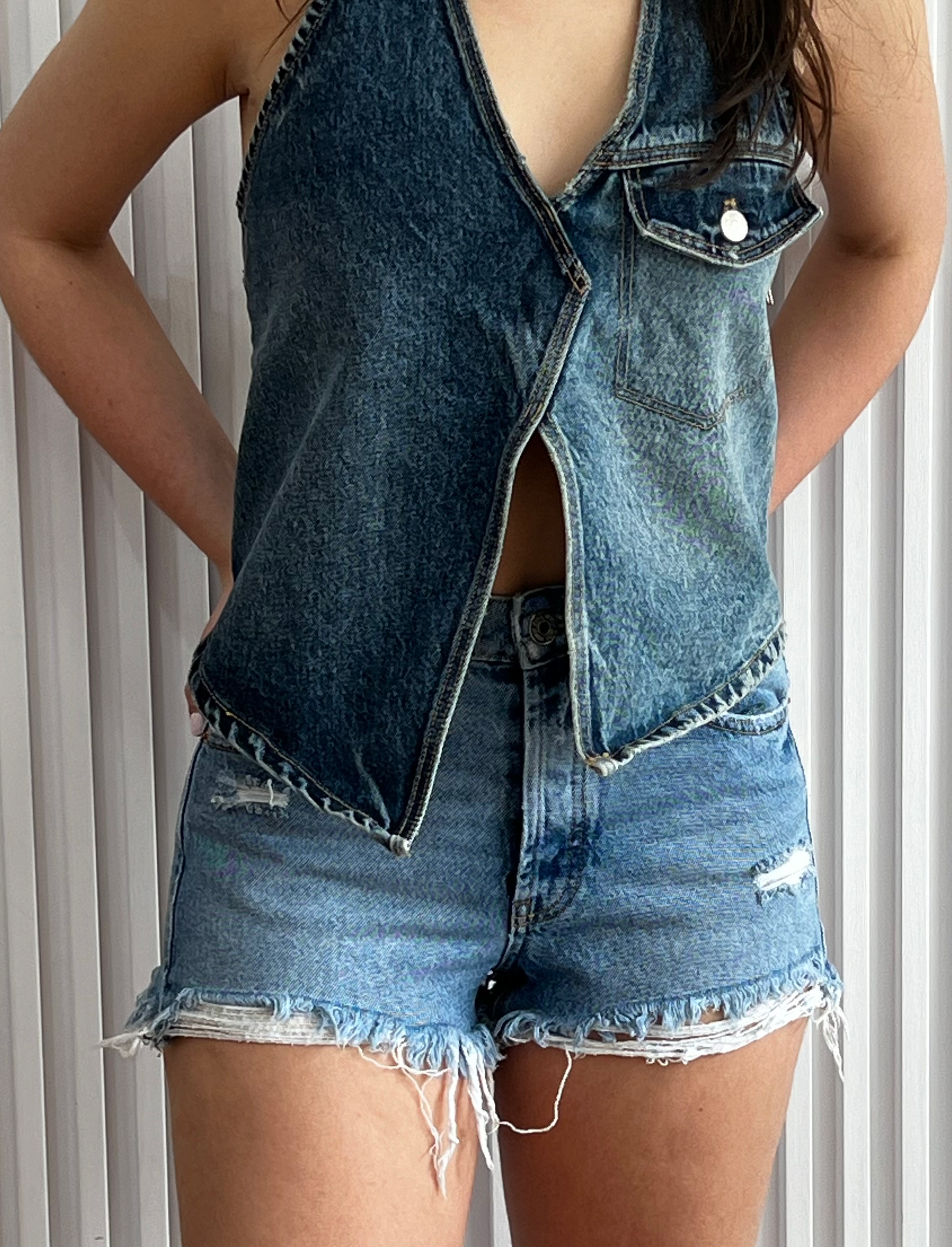 High-Waist Denim Ripped Shorts