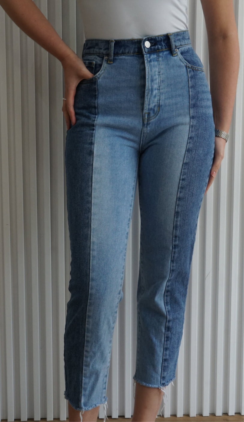 Two-Tone High Rise Straight Leg Jeans