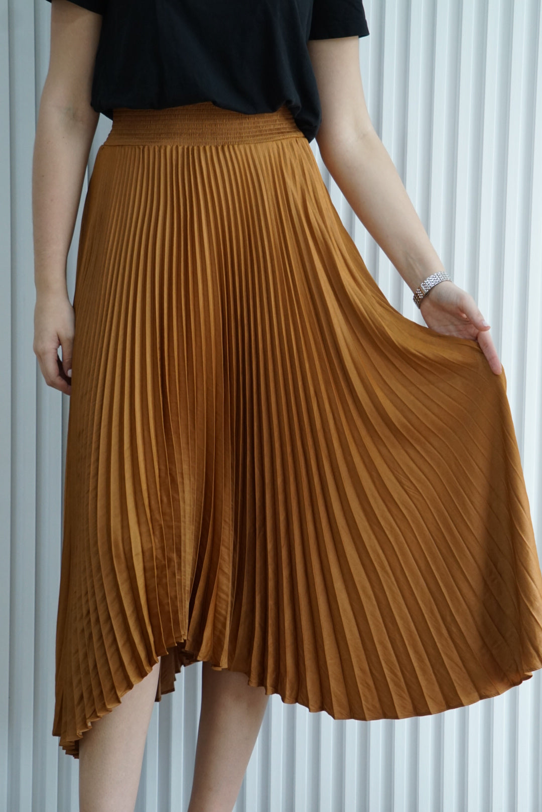 Pleated Satin Midi Skirt