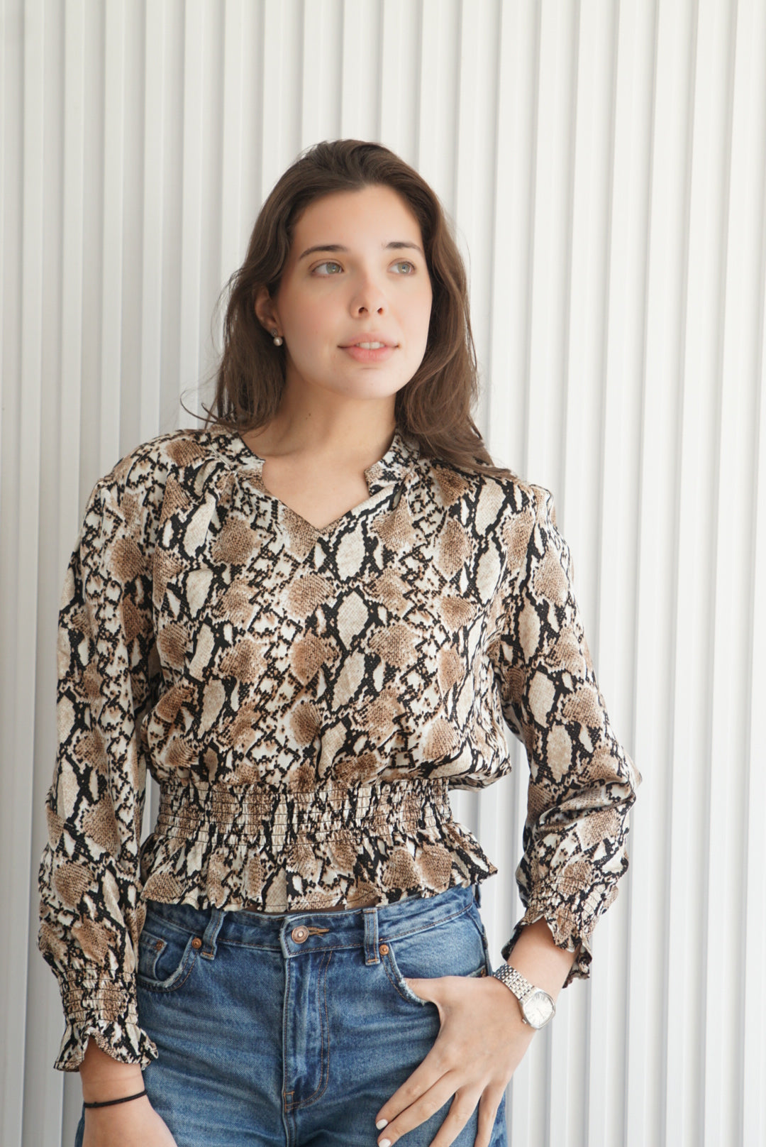 Smocked Snakeskin Print Blouse