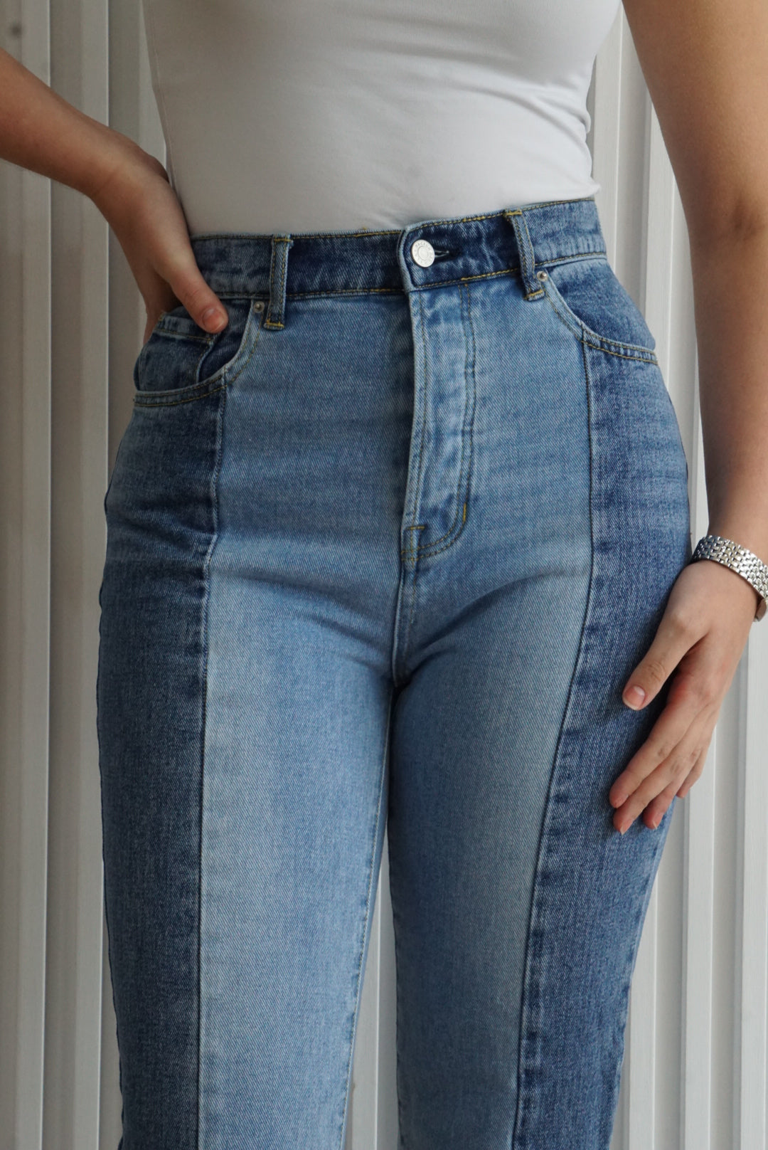 Two-Tone High Rise Straight Leg Jeans