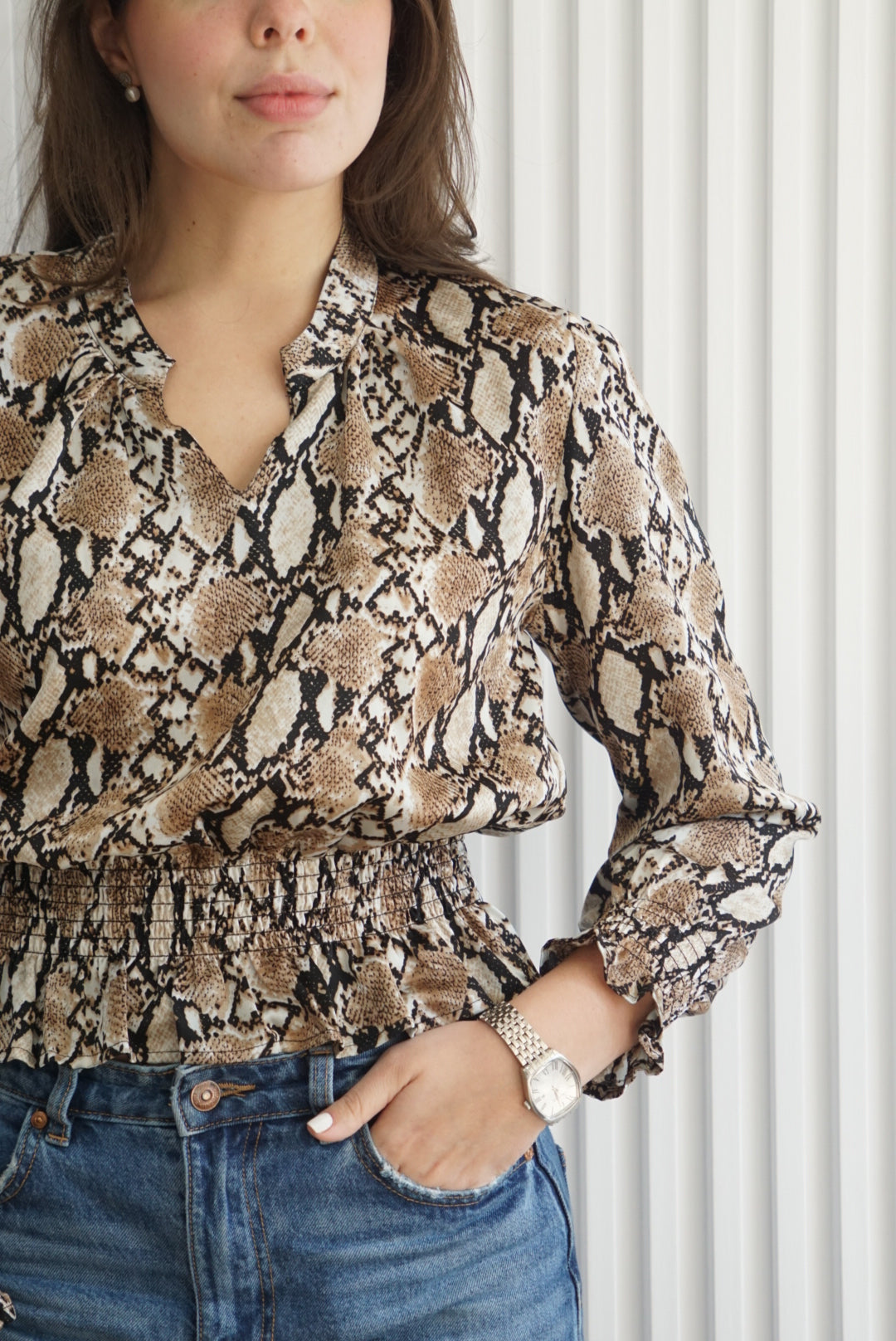 Smocked Snakeskin Print Blouse