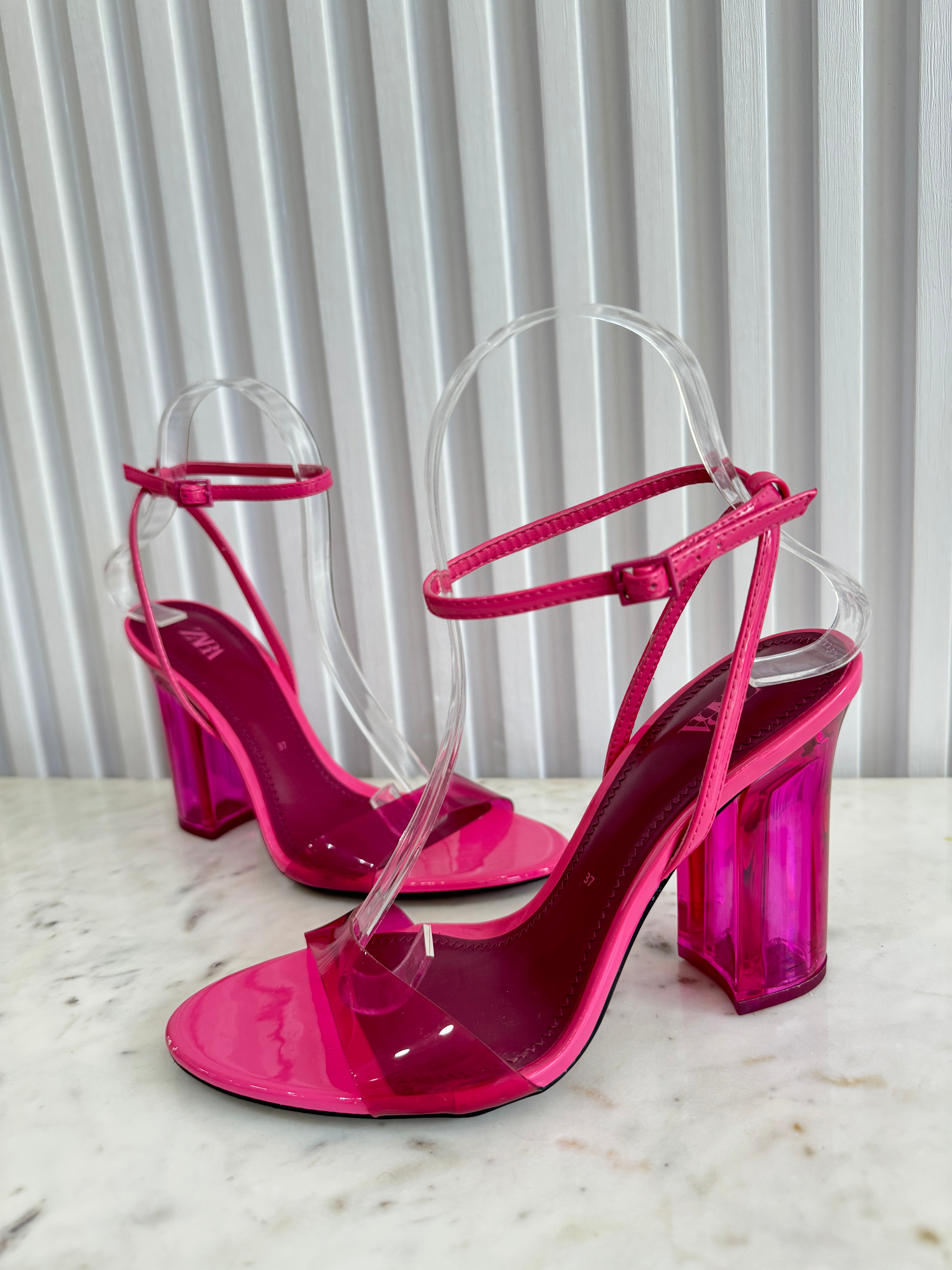 Pink Vinyl Block Heels